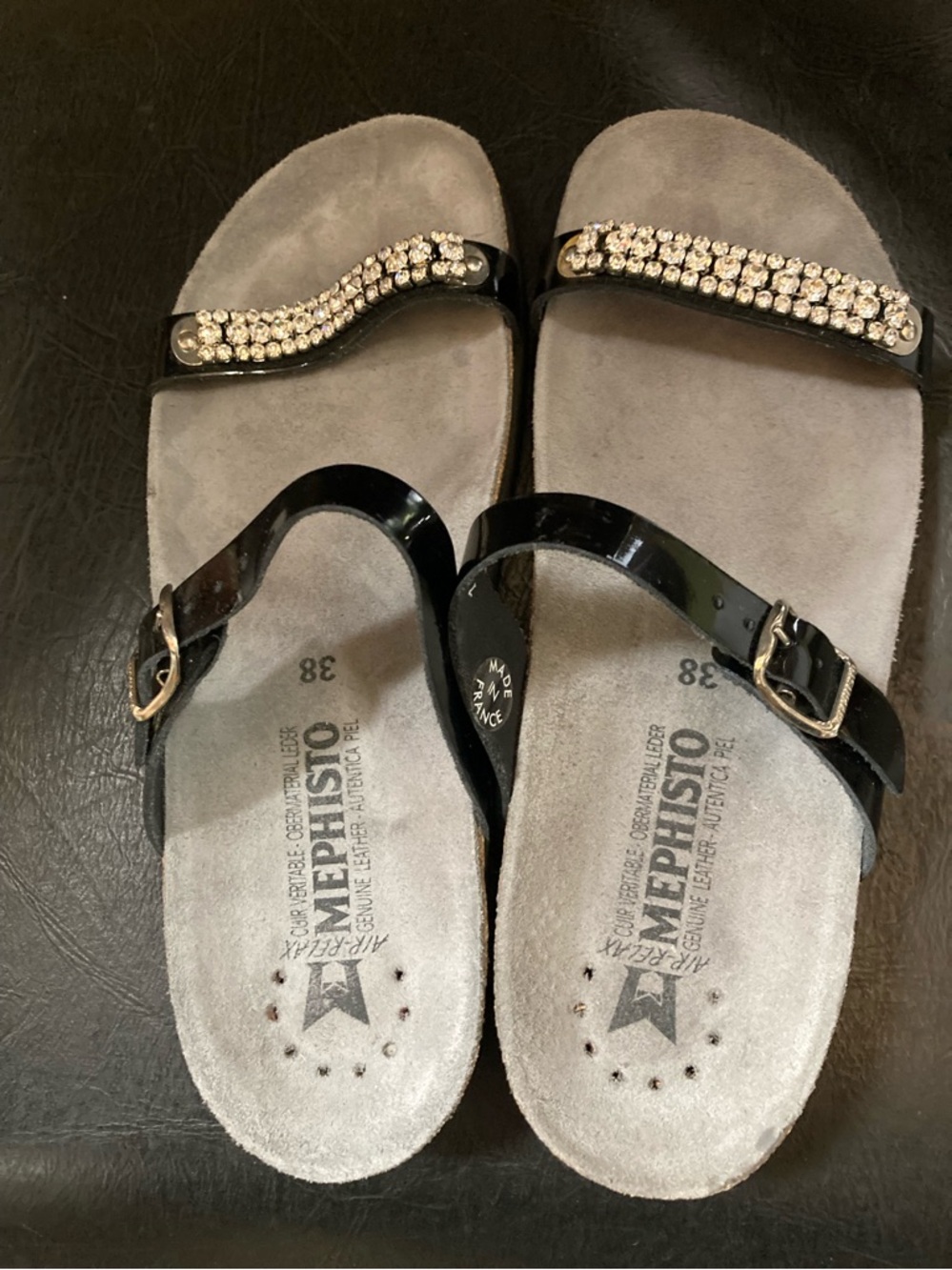 Mephisto Women’s Black Patent Slide Sandals with Crystal Accents